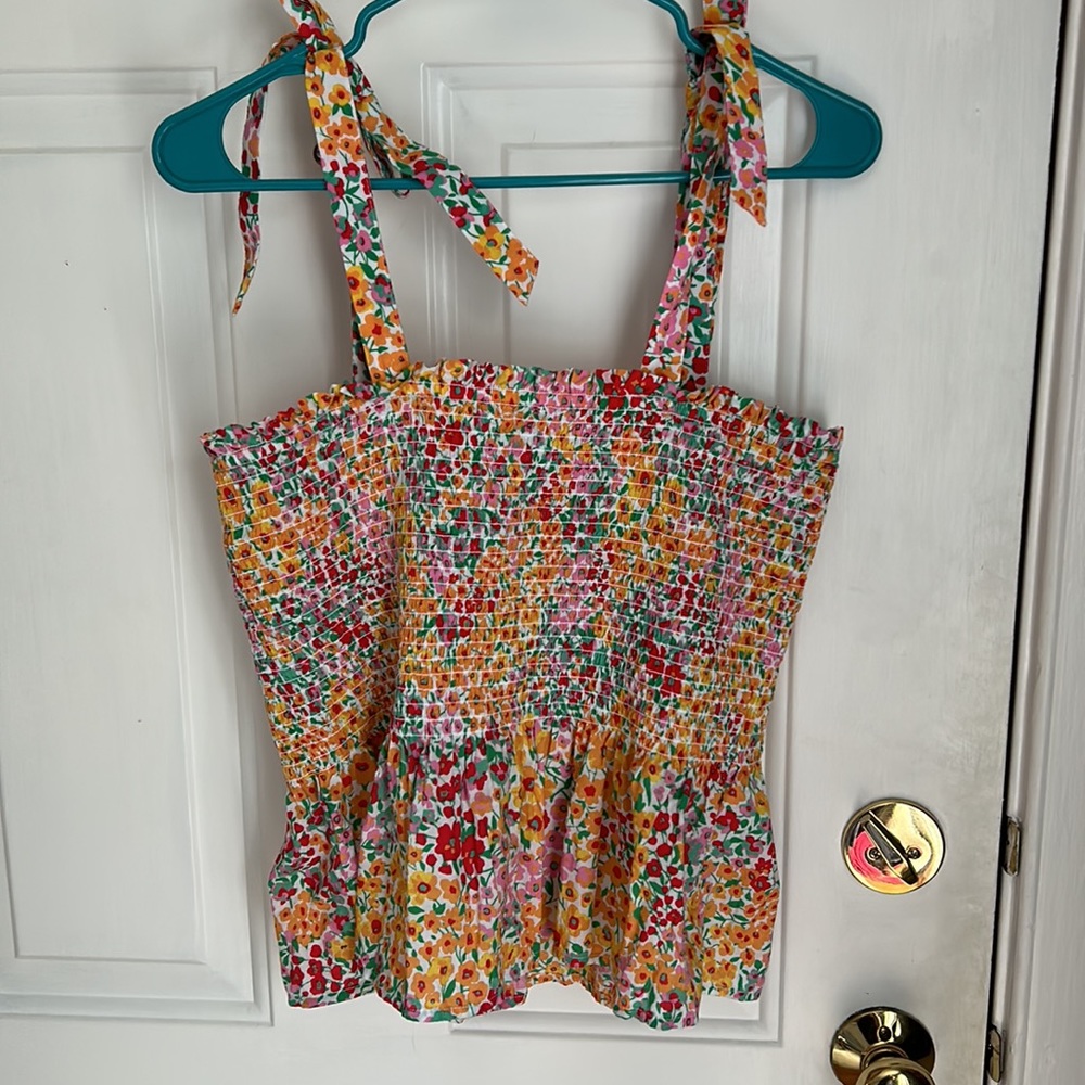JCrew Factory Smocked Tie Shoulder Floral Tank Top - Picture 4 of 6